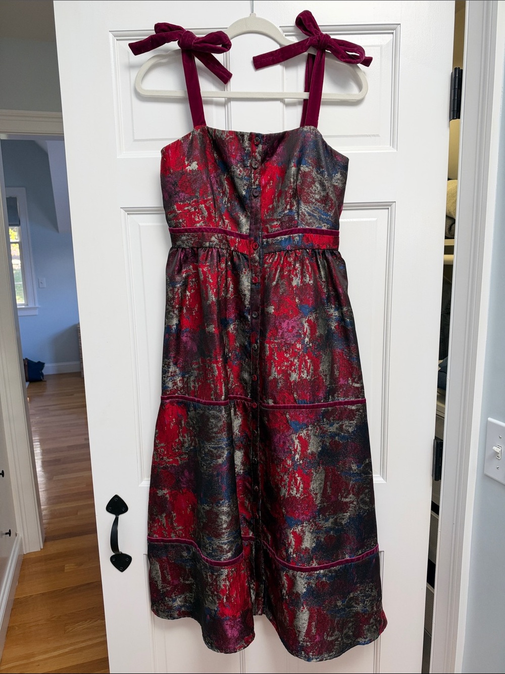 Tuckernuck Red Metallic Tie-Shoulder Party Dress with Multi-Color Brocade